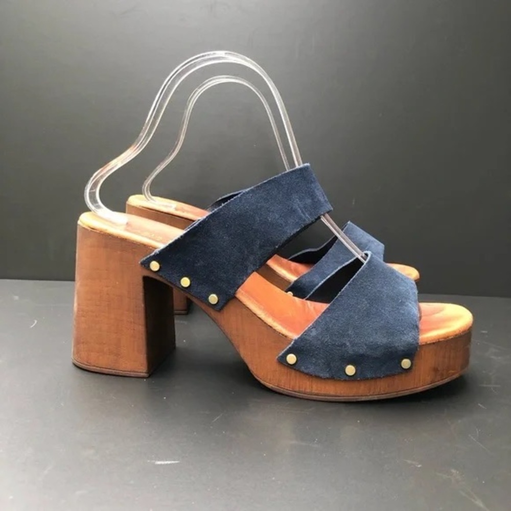 Blue and Brown Platform Sandals with Wooden Sole